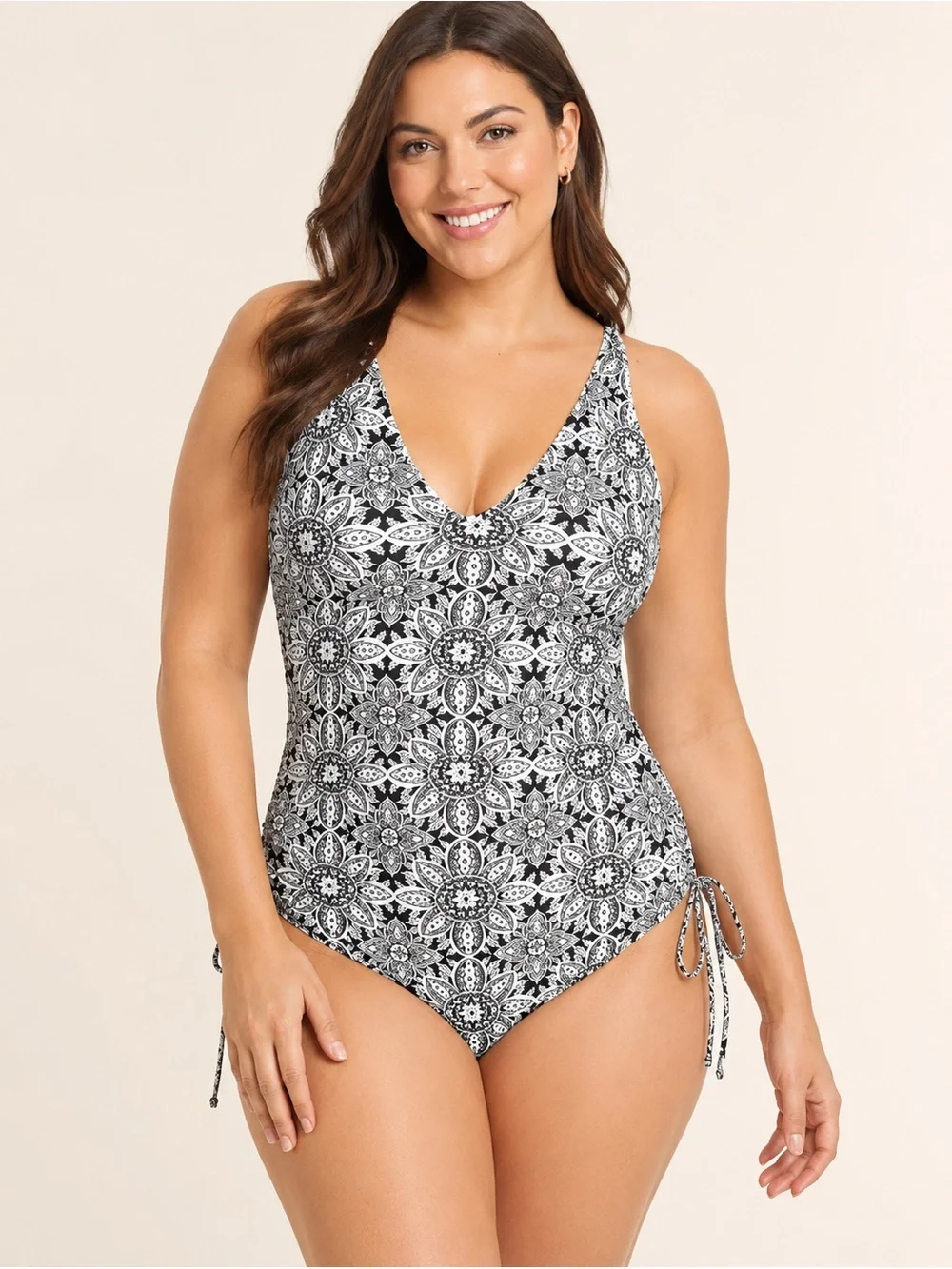 Kona Sol Black & White Floral Side Cinch One Piece Swimsuit Medium High Coverage